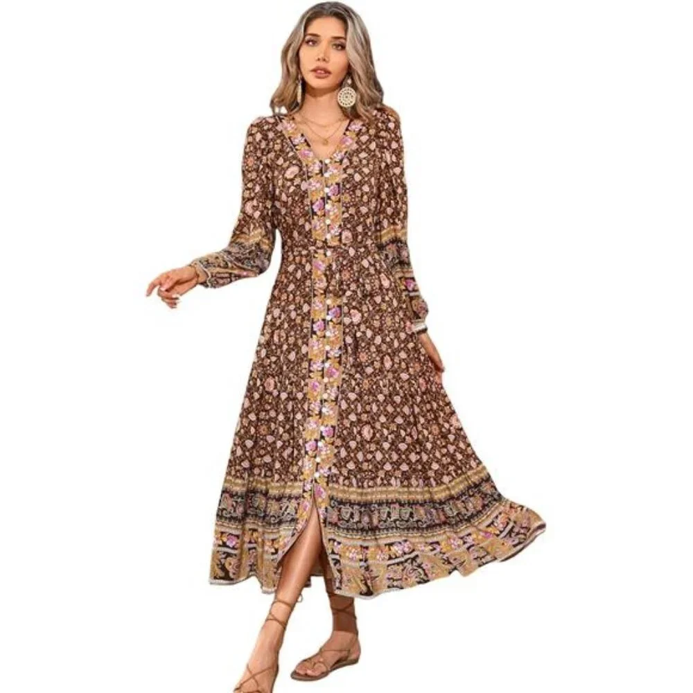 Women's Long Sleeve Boho Midi Dress V Neck Brown - Picture 2 of 6